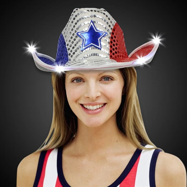 LED Patriotic Star Sequin Cowboy Hat 1 LED Patriotic Star Sequin Cowboy Hat